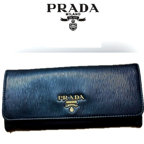 PRADA Milano Saffiano Leather Long Cont.Wallet, Blk/Gold Hardware no card case - Picture 1 of 13